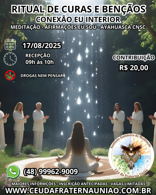 RITUAL DE AGOSTO 2025 Convidamos você para uma experiência profunda de reconexão, cura e expansão da consciência, para auxiliar o processo individual de Relembrar o Divino que cada um já nasceu sendo. Esse encontro será uma experiência profunda de reconexão, cura e expansão da consciência, para darmos continuidade ao processo individual de Relembrar o Divino que cada um já nasceu sendo.